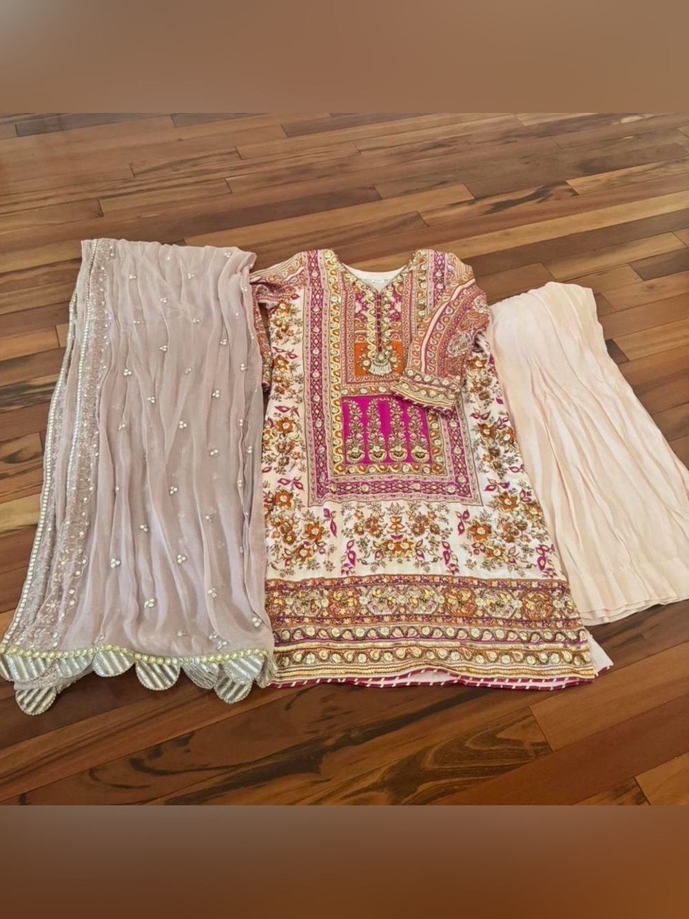 Pakistani 3 Piece Embroidered Kameez Suit Set Pink Gold